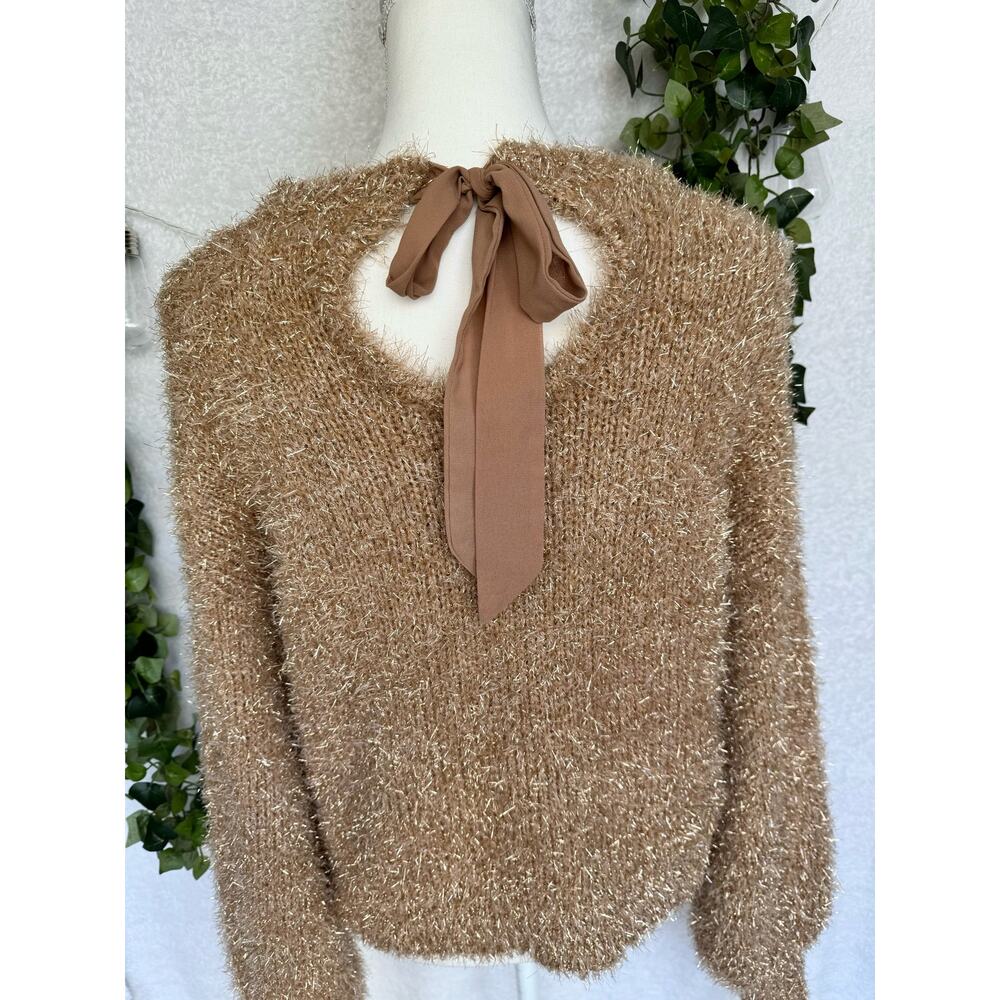 CATO Brown Sparkly Back Bow Balloon Sleeved Sweater Women's Small - Picture 8 of 11